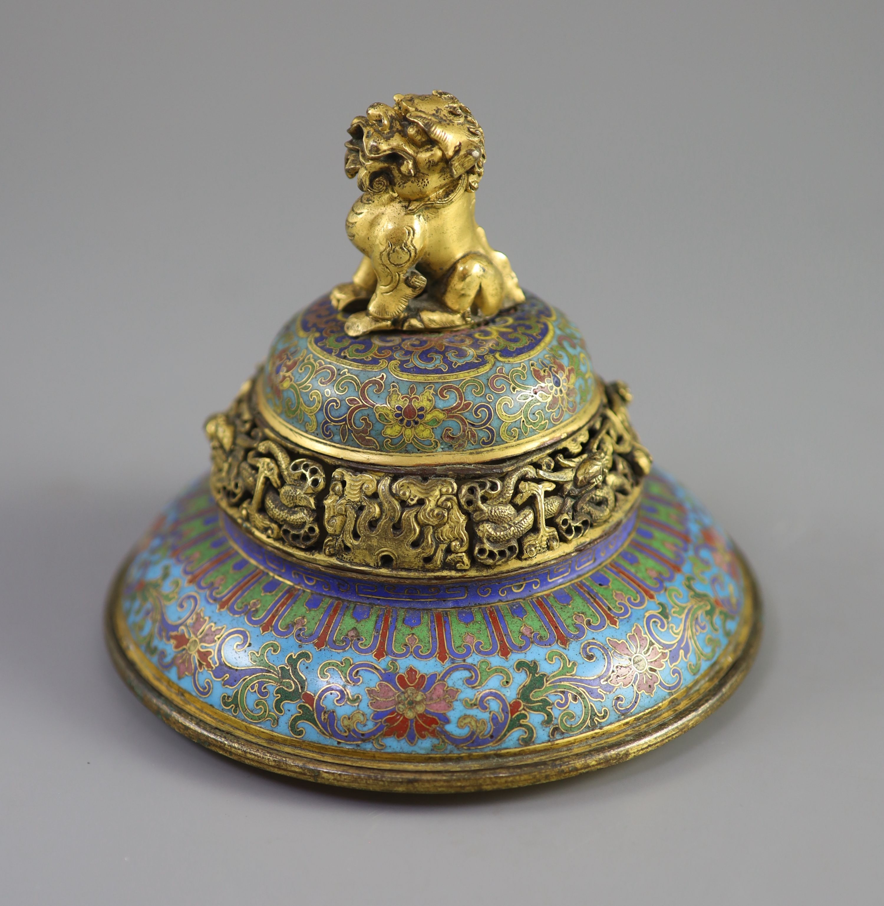 A Chinese cloisonné enamel and gilt bronze cover, late Ming/early Qing, 17th century, 11.5 cm high, 13.5 cm diameter. Provenance - Old Scandinavian collection.